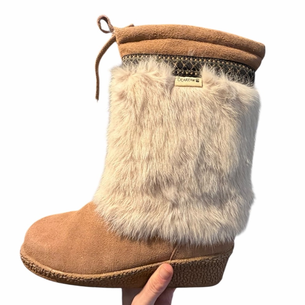BEARPAW Genuine Sheepskin Suede Rabbit Fur-Trimmed Wedge Boots Women’s 8